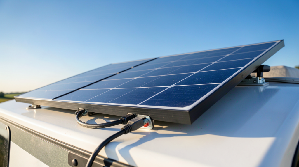 panneau solaire 300w 12v installé sur le toit d'un camping-car avec ciel bleu en arrière-plan