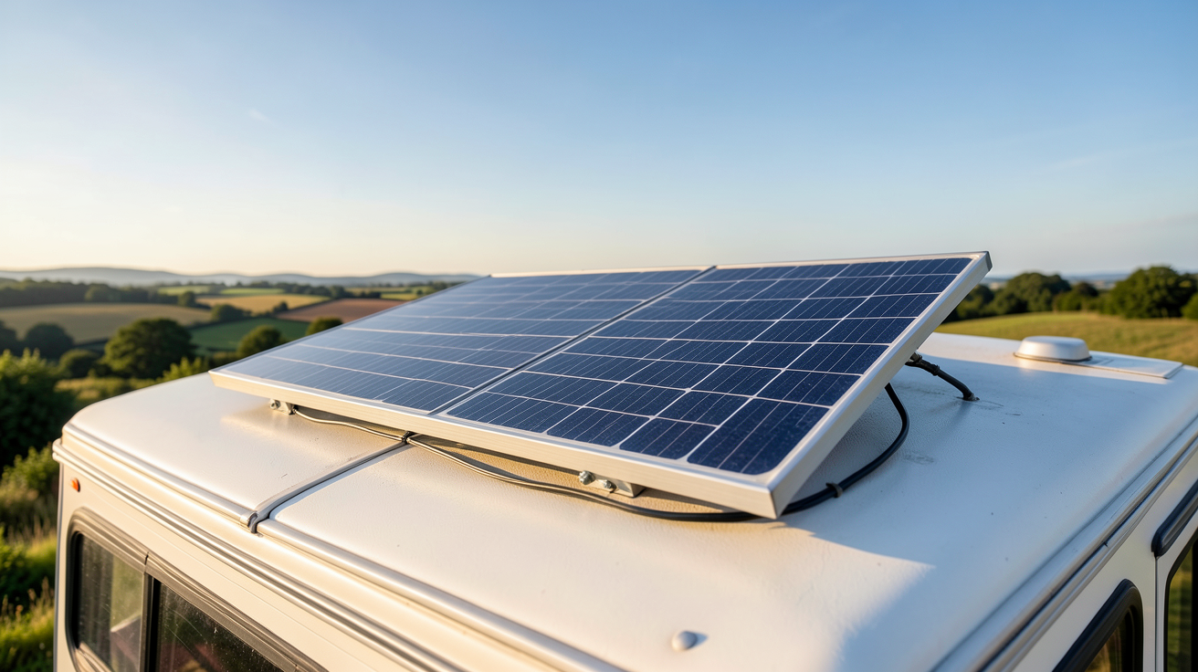 panneau solaire 300w 12v installé sur le toit d'un camping-car avec vue sur un paysage naturel