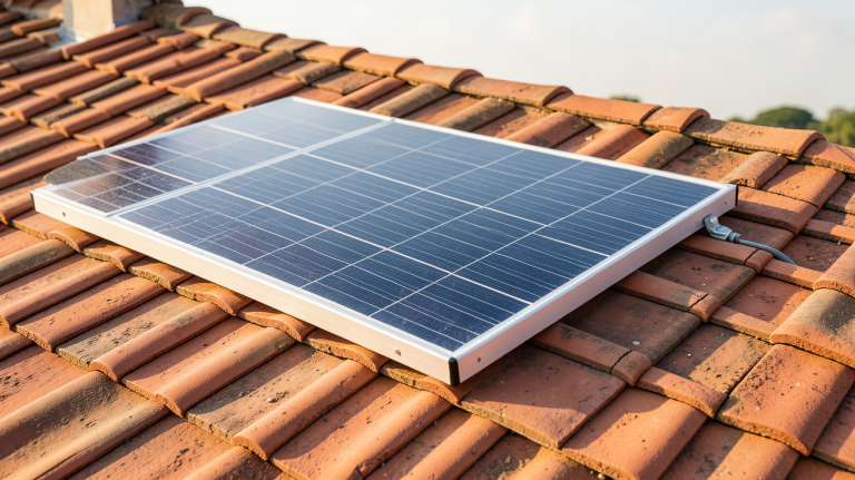 panneau solaire 300w 12v installé sur un toit en tuiles rouges