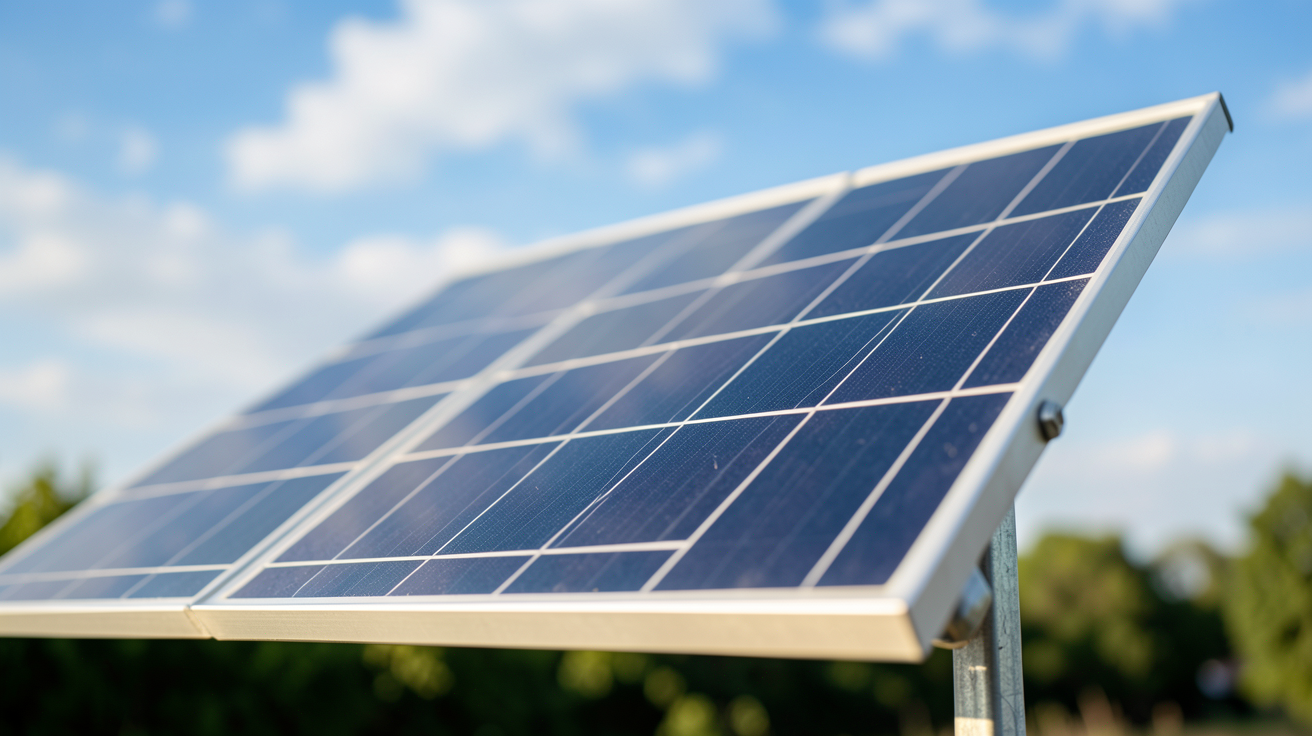 panneau solaire 300W 12V monocristallin posé sur un support métallique incliné avec un ciel bleu clair en arrière-plan