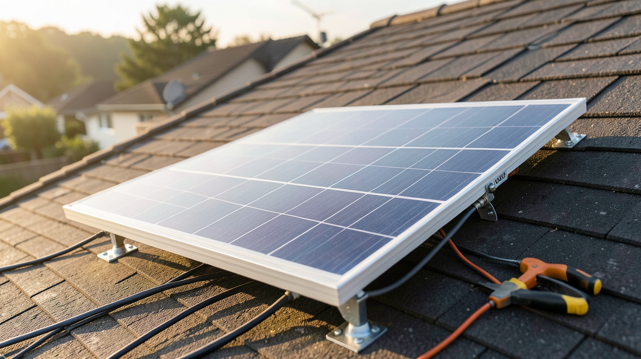 panneau solaire 300W 12V monocristallin en cours d'installation sur un toit résidentiel