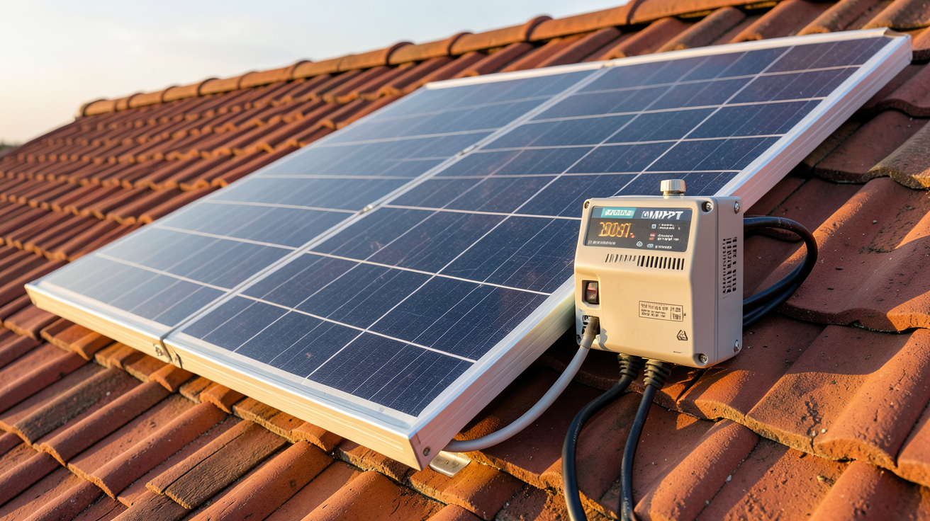 panneau solaire 300W 12V avec régulateur MPPT installé sur un toit en tuiles rouges sous un ciel dégagé