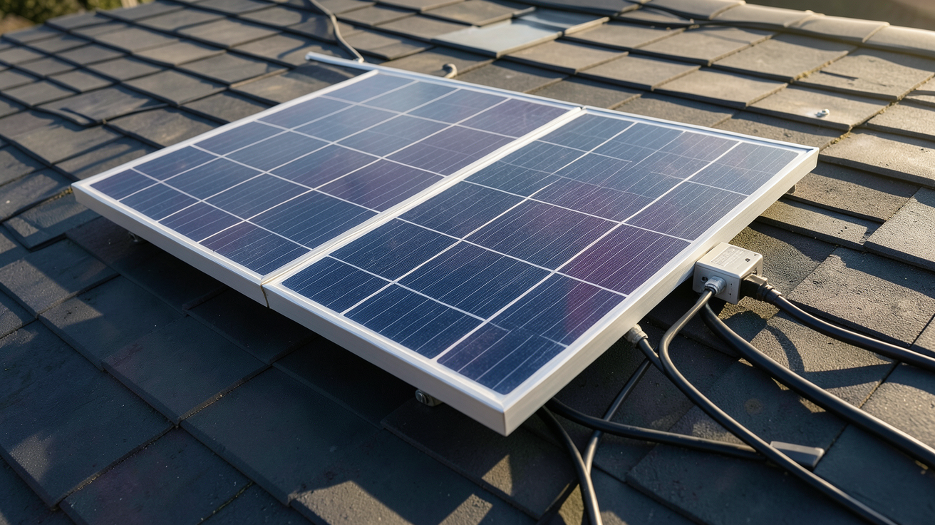 panneau solaire 300W 220V installé sur un toit avec calculs de rendement affichés en arrière-plan