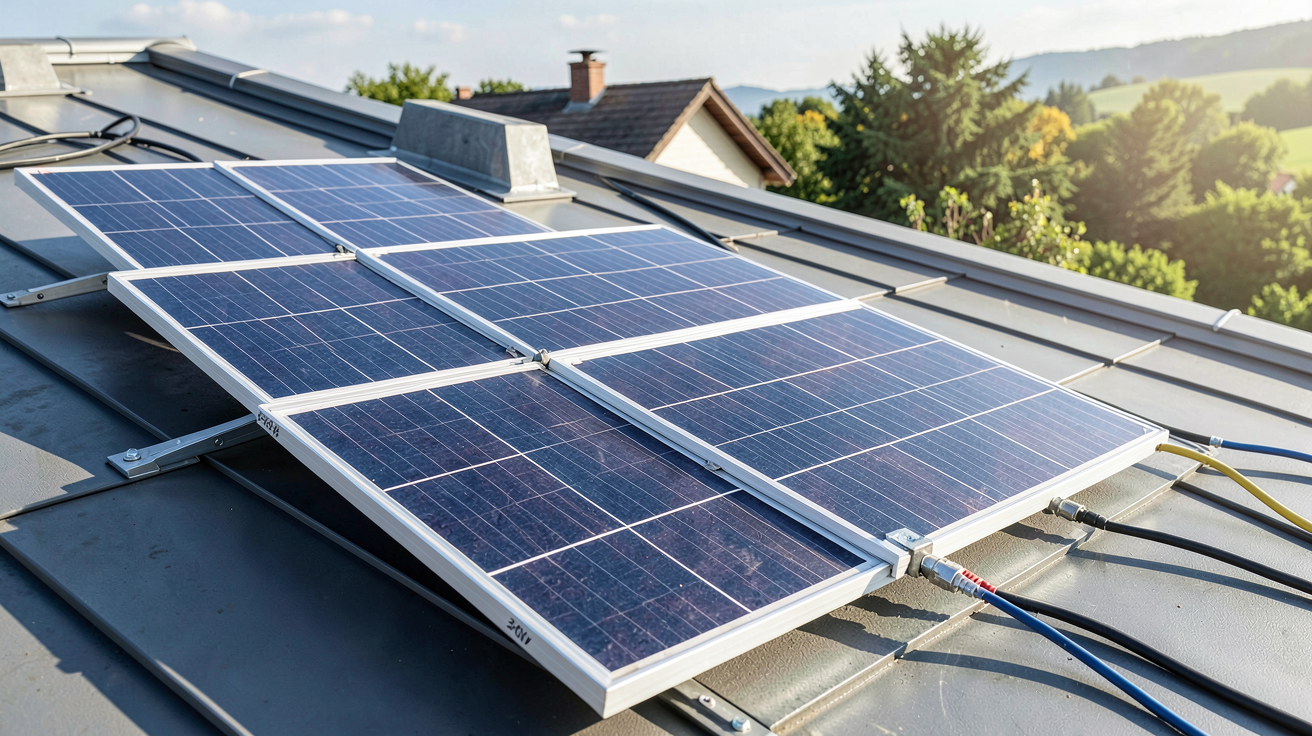 panneau solaire 300w 24v fixé sur un toit, orienté correctement et raccordé électriquement lors de l'installation étape par étape