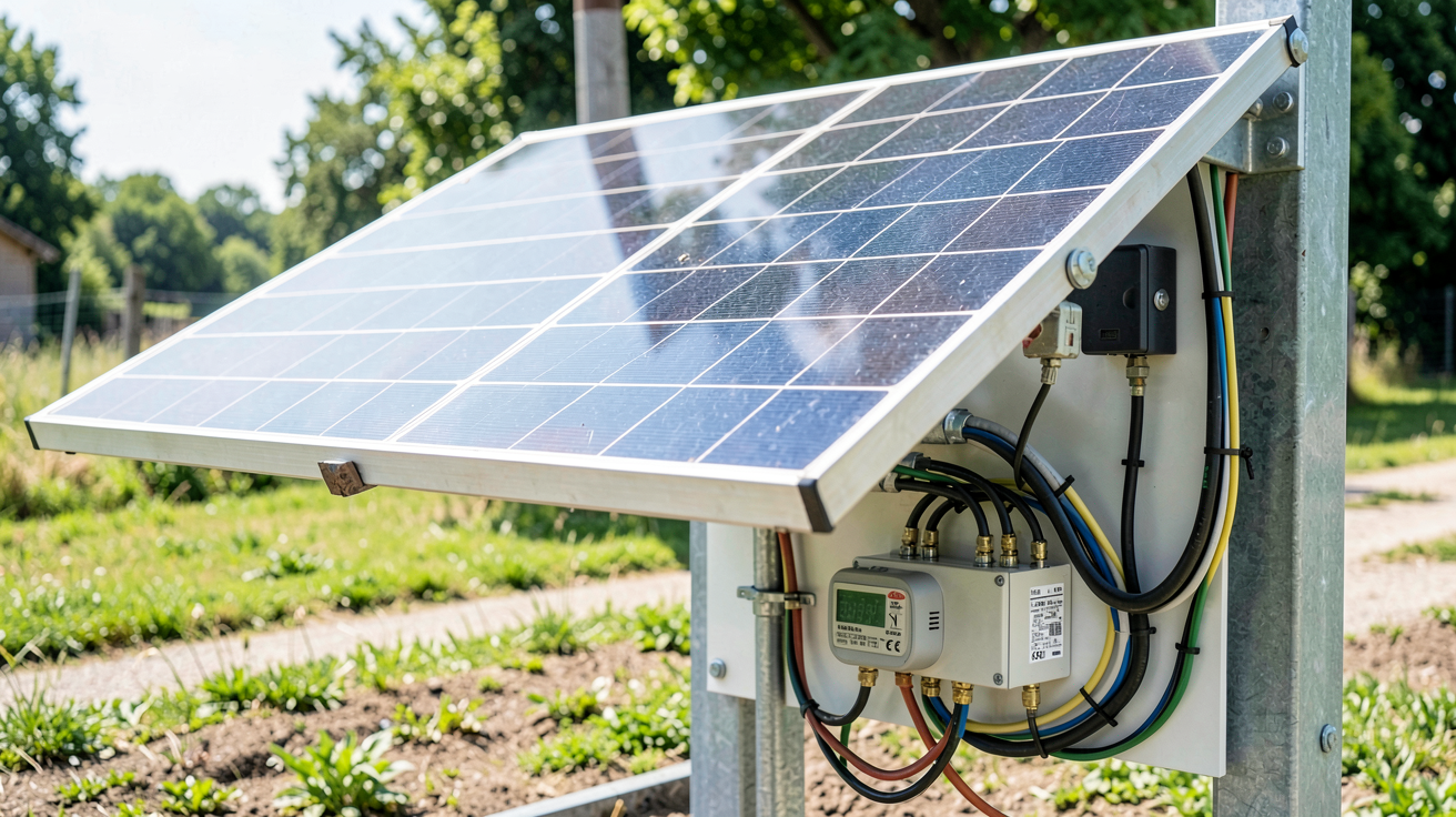 panneau solaire 300w 24v avec câblage et protections visibles, installation professionnelle en plein jour
