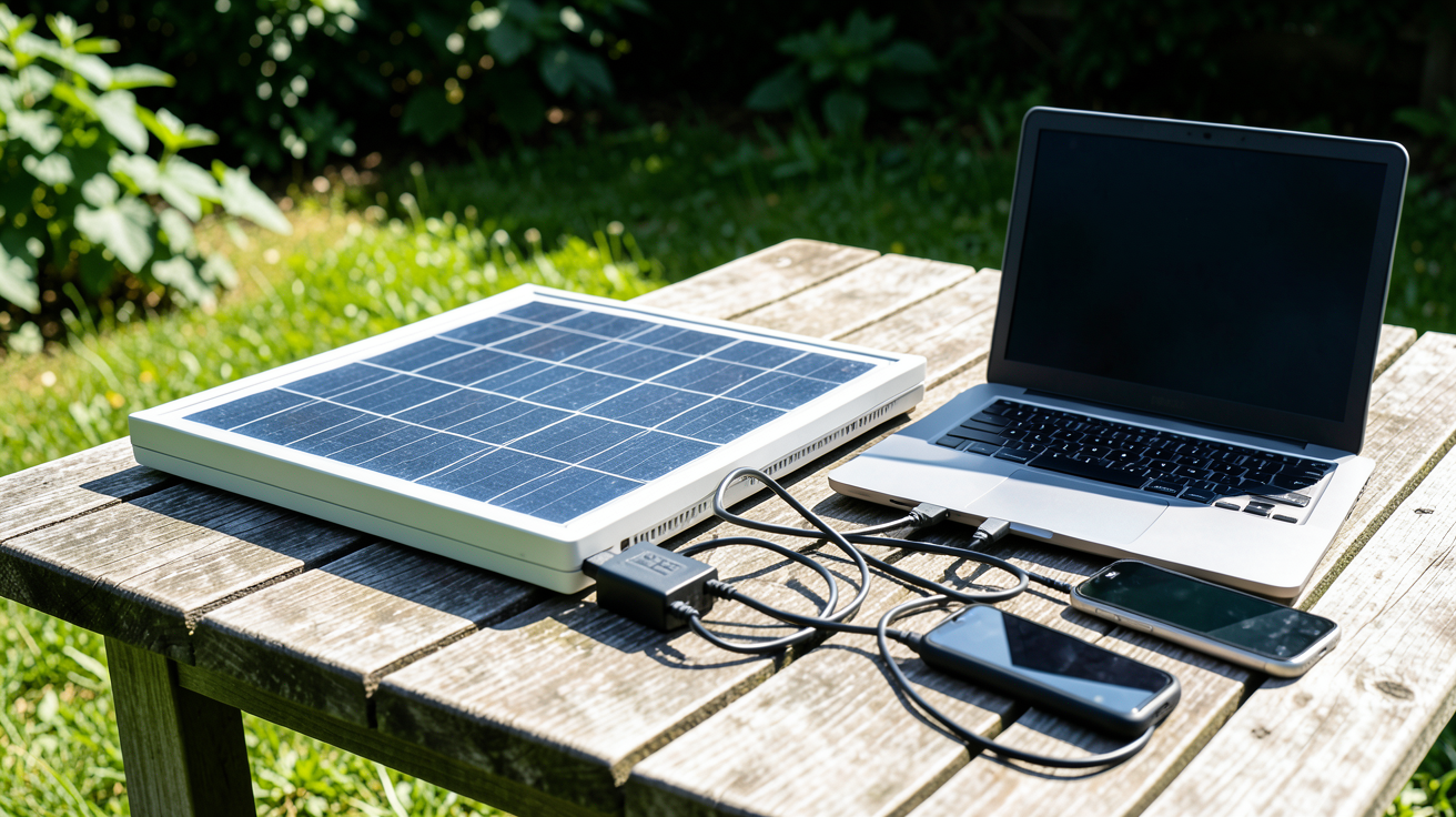 panneau solaire 300w alimentant un ordinateur portable et un smartphone en extérieur