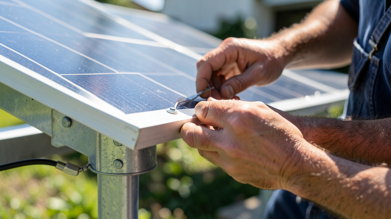 panneau solaire 300w en cours d'installation sur un support de montage