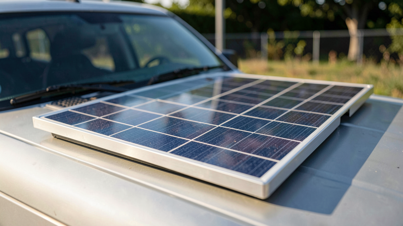 panneau solaire 300W prix affiché sur une étiquette blanche posée à côté d'un panneau photovoltaïque monocristallin installé sur une fourgonnette