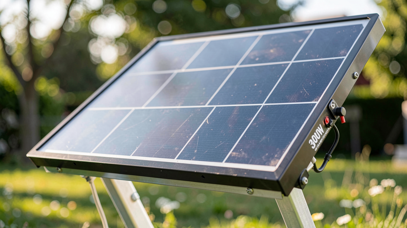 panneau solaire 300W posé sur un support incliné en aluminium, vu de face avec détails techniques