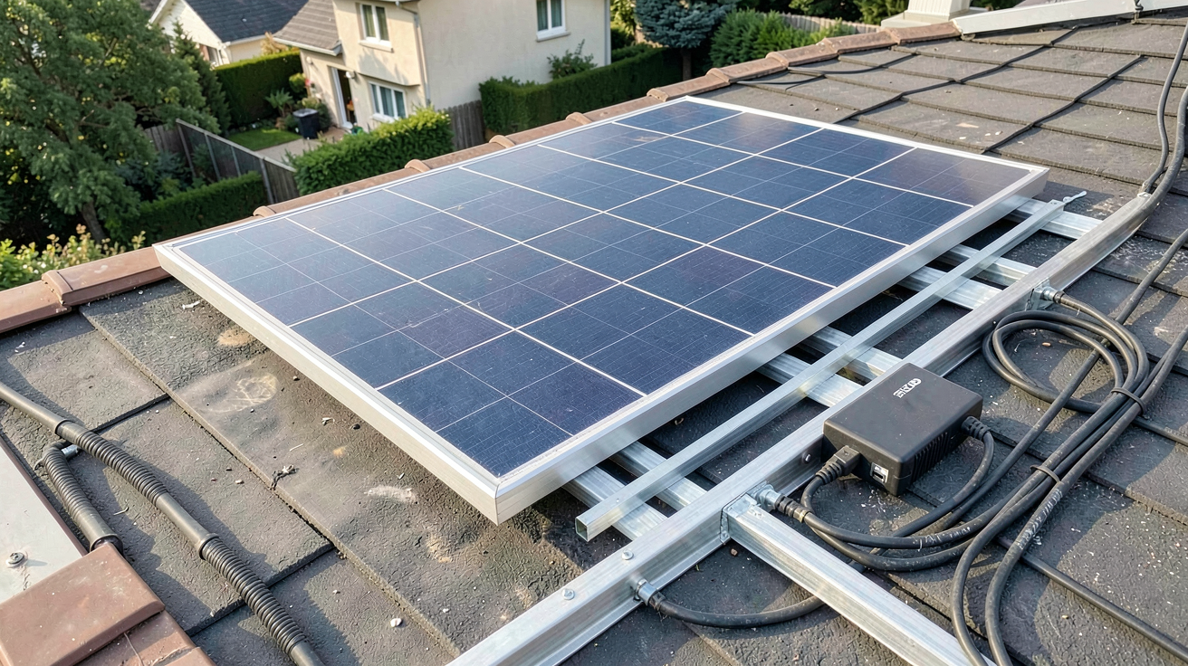 panneau solaire 300W en cours d'installation sur un toit résidentiel avec rails de fixation et onduleur