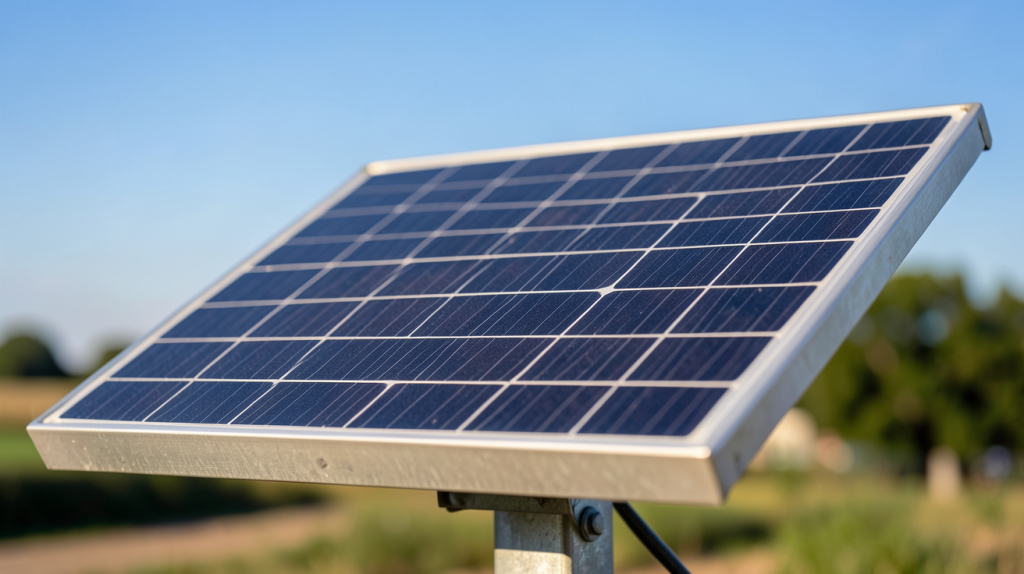 panneau solaire 30w installé sur un support métallique extérieur avec un ciel bleu