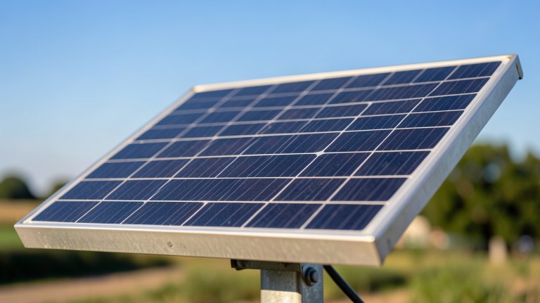 panneau solaire 30w installé sur un support métallique extérieur avec un ciel bleu