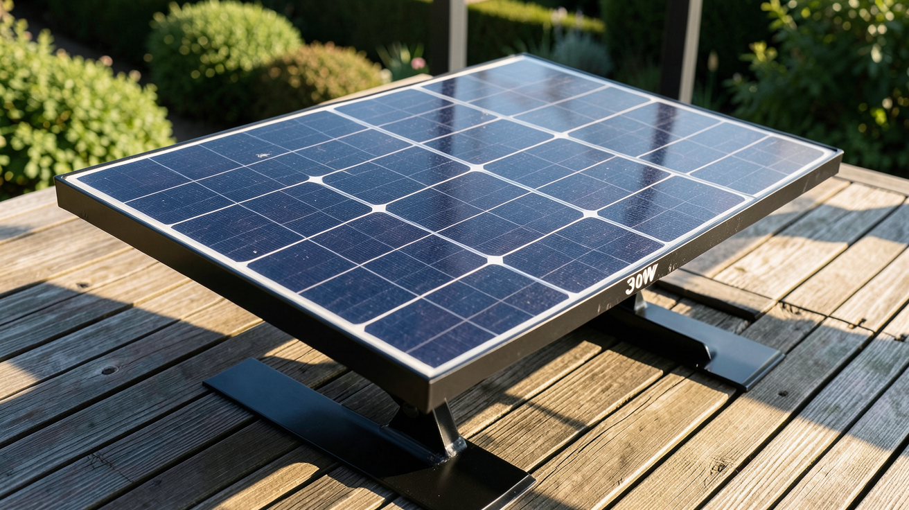 panneau solaire 30W monocristallin posé sur un support noir avec terrasse en bois en arrière-plan