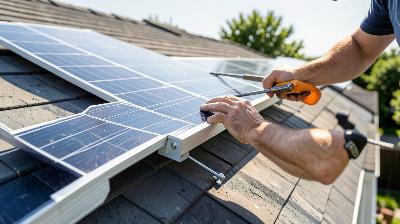 panneau solaire 330w en cours d'installation sur une toiture de maison