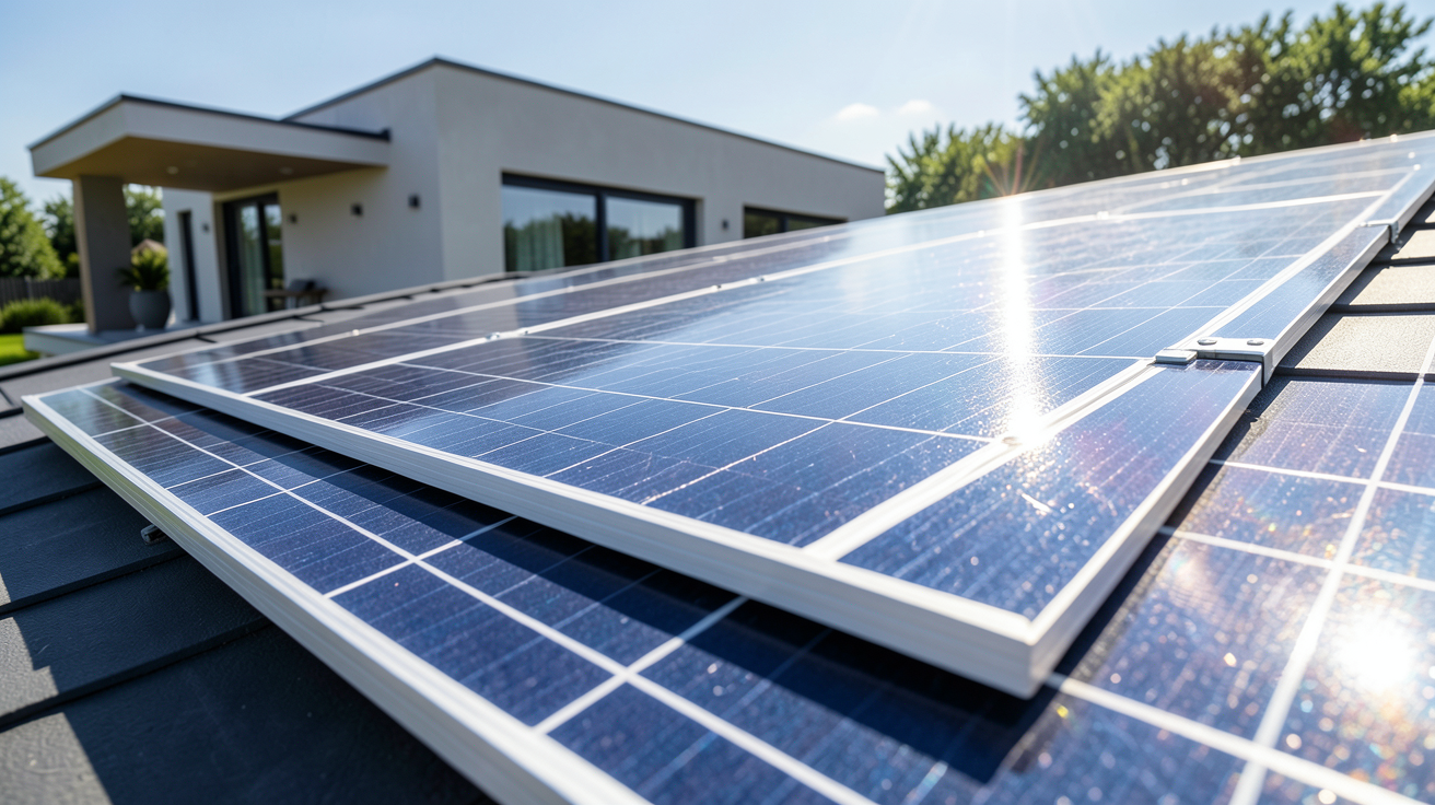 panneau solaire 350w installé sur le toit d'une résidence moderne sous un soleil radieux