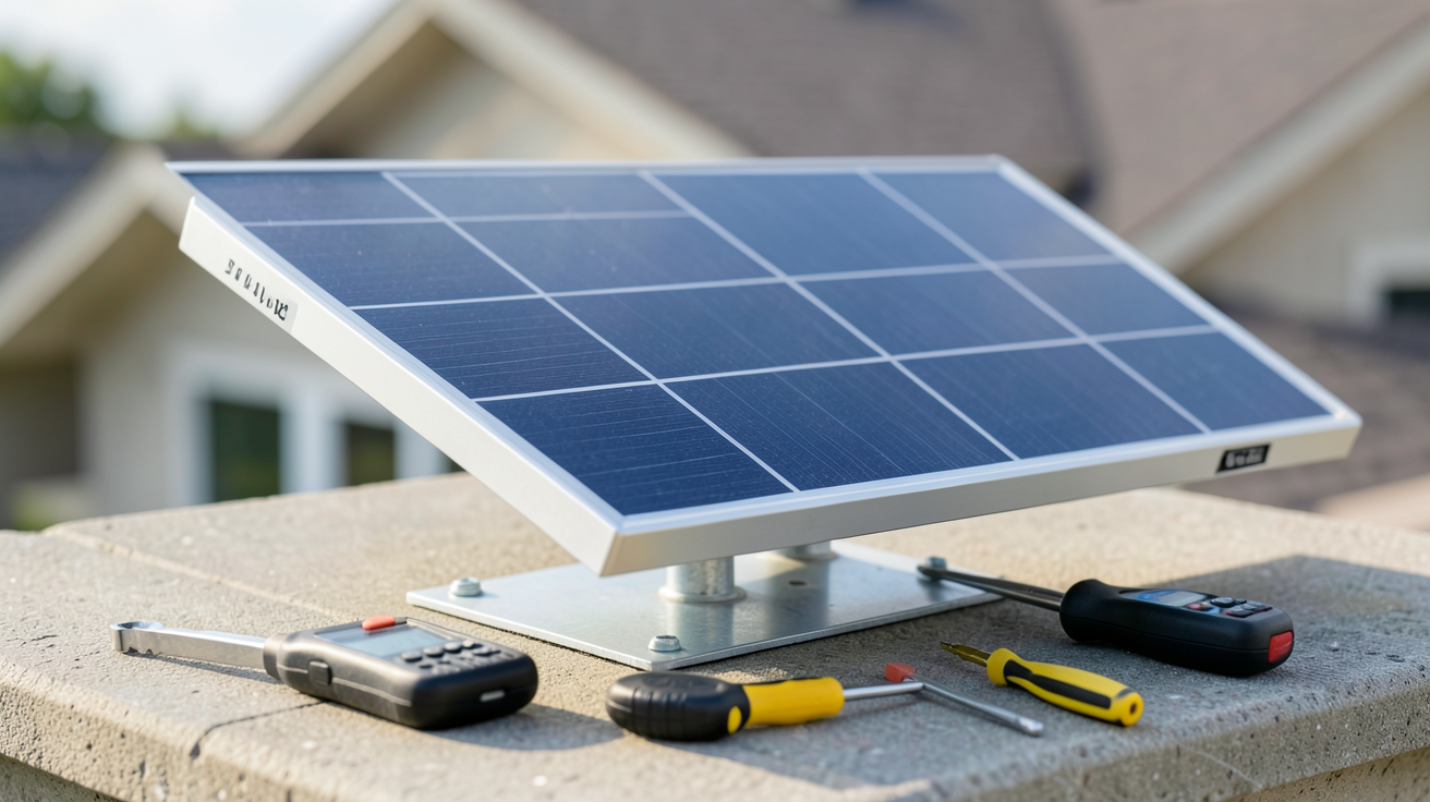 panneau solaire 36V installé sur un support métallique avec outils d'installation à proximité