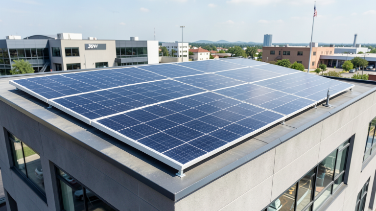 panneau solaire 36v installé sur le toit d'un bâtiment commercial, capturé en haute résolution