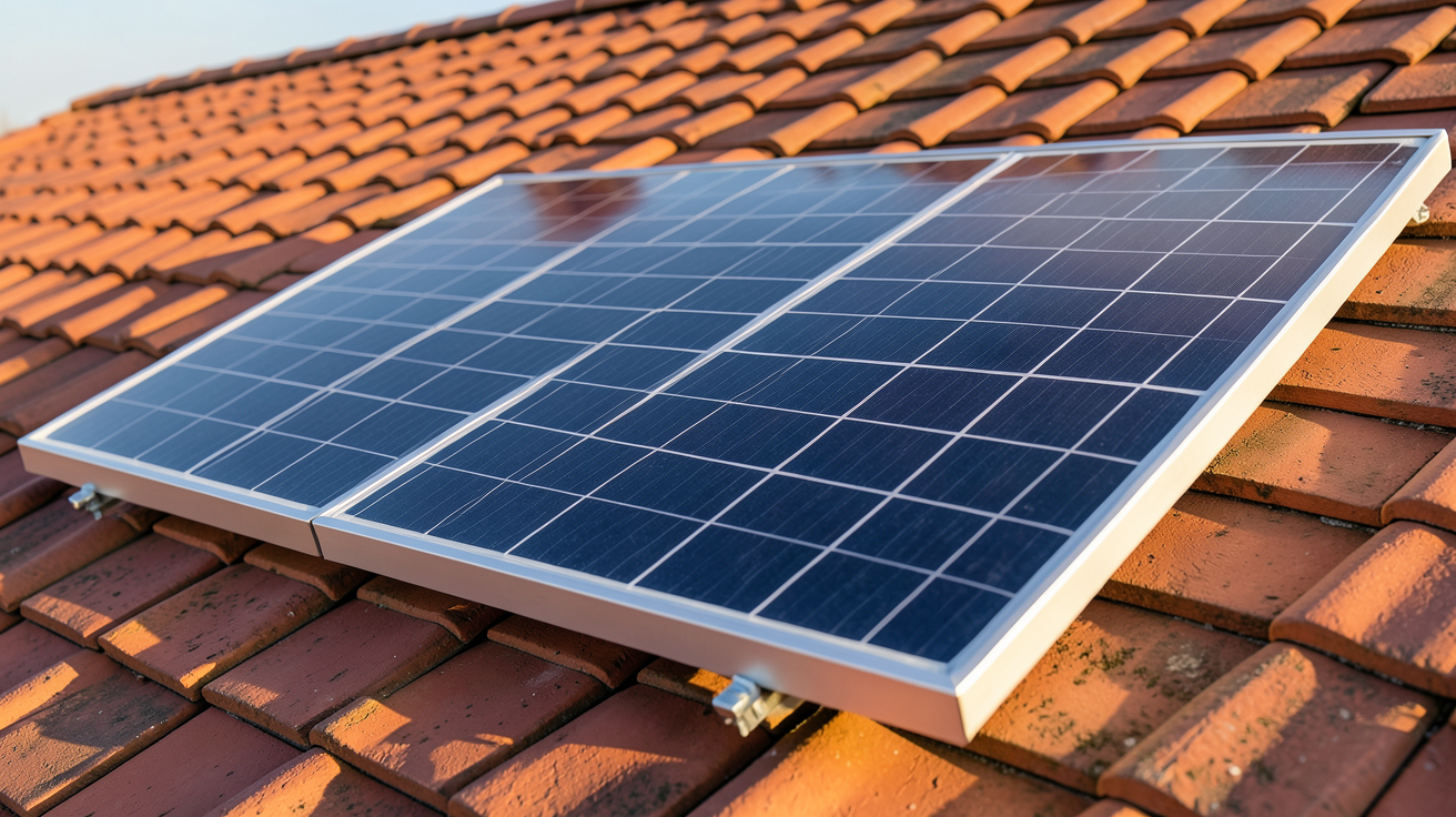 panneau solaire 375W installé sur un toit en tuiles rouges, vue détaillée des cellules photovoltaïques