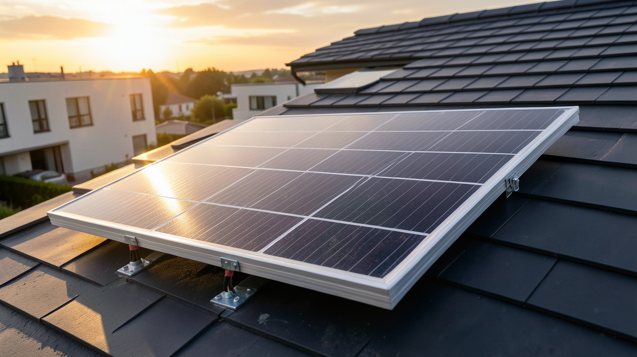 panneau solaire 375W monocristallin installé sur un toit résidentiel moderne avec lumière dorée du coucher de soleil