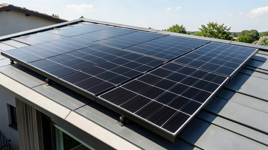 panneau solaire 375w monocristallin full black sunpower installé sur une toiture résidentielle moderne