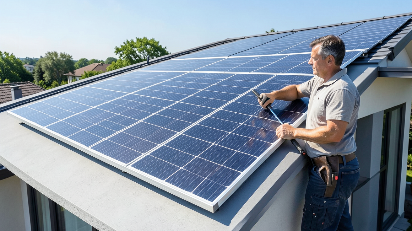 panneau solaire 375wc en cours d'installation sur le toit d'une maison moderne