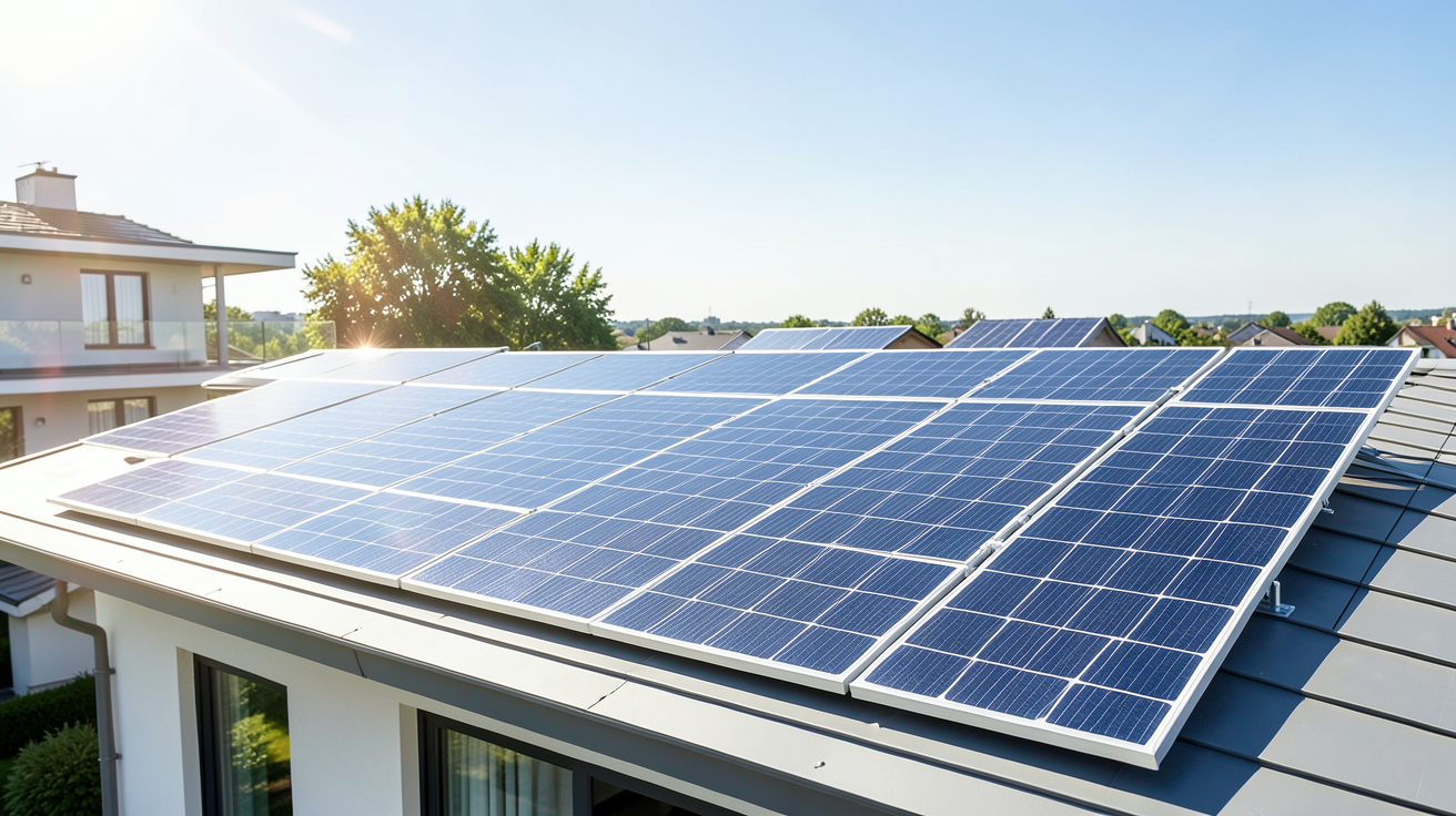 panneau solaire 375wc installé sur une toiture résidentielle moderne sous un ciel bleu