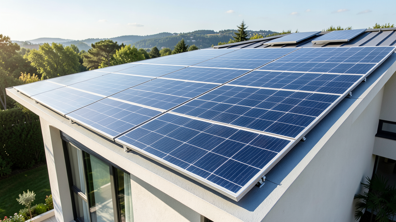 panneau solaire 375wc installé sur la toiture d'une maison moderne sous une lumière naturelle