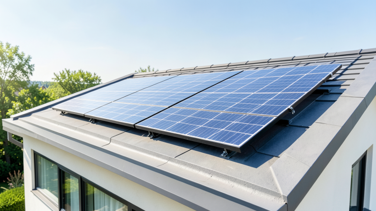 panneau solaire 375wc installé sur le toit d'une maison moderne, capturé en haute résolution avec une lumière naturelle