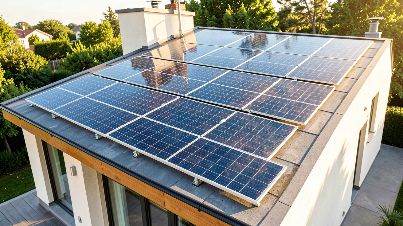 panneau solaire 3kw installé sur un toit résidentiel sous un ciel bleu ensoleillé
