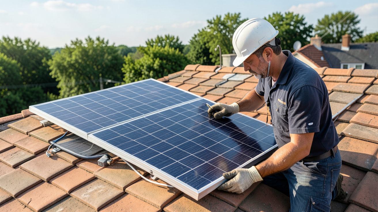panneau solaire 400 watts fixé sur un toit résidentiel par un technicien