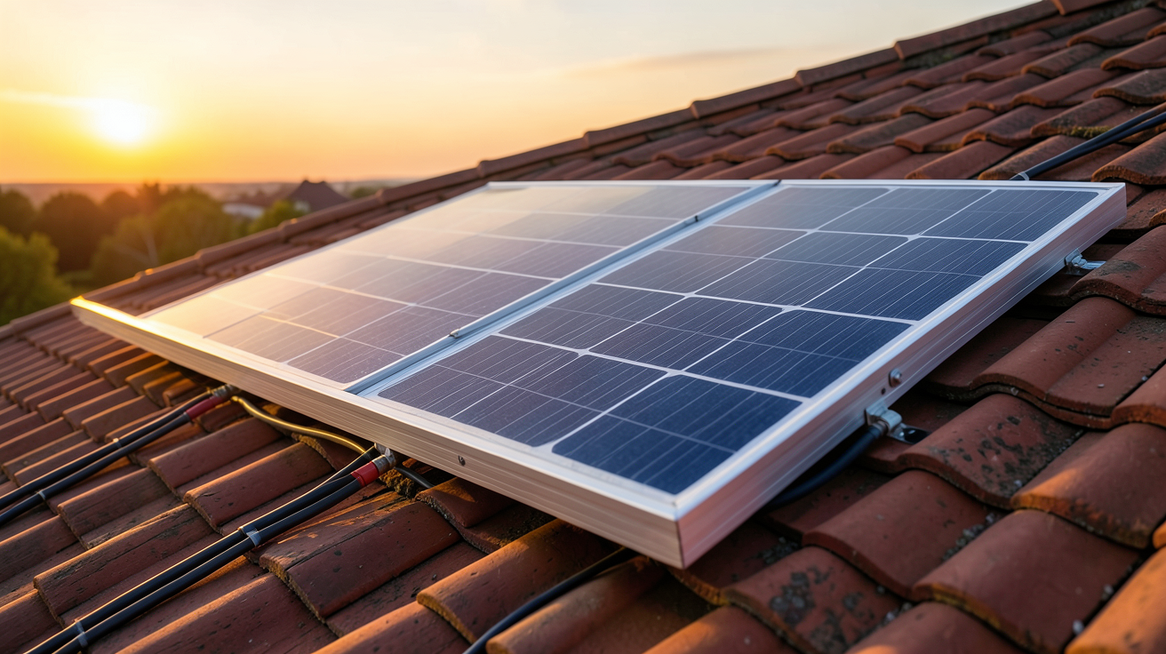 panneau solaire 4000 watts crête installé sur un toit incliné avec vue sur les cellules photovoltaïques et le cadre en aluminium