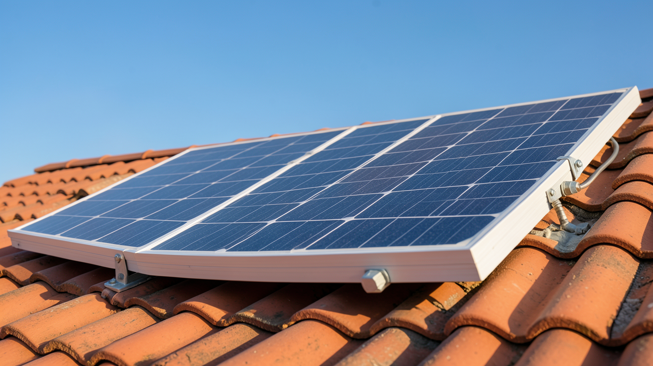 panneau solaire 400W 12V installé sur un toit en tuiles rouges avec un ciel bleu dégagé