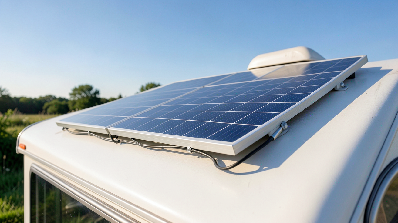 panneau solaire 400W 12V installé sur le toit d'un camping-car avec vue sur le ciel dégagé