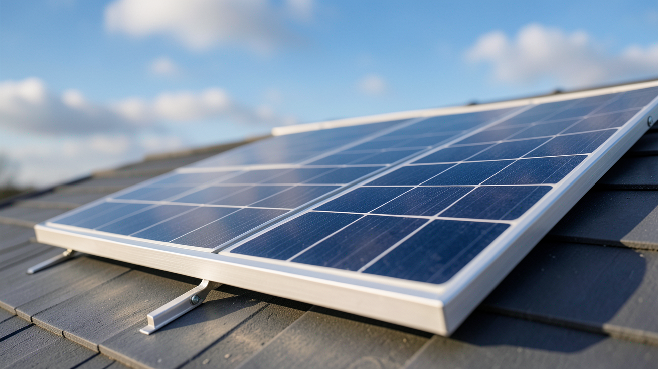 panneau solaire 400W 12V monocristallin installé sur un toit avec vue détaillée des cellules photovoltaïques