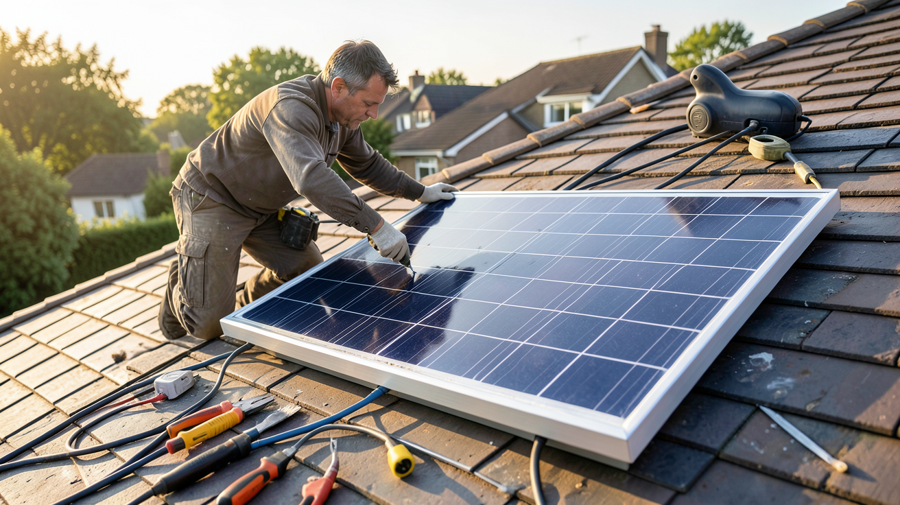 panneau solaire 400W 220V en cours d'installation sur un toit résidentiel par un professionnel
