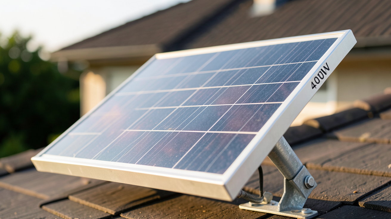 panneau solaire 400W 24V posé sur un support incliné avec vue sur une toiture résidentielle