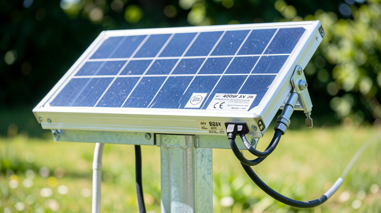 panneau solaire 400W 24V avec étiquette de puissance et connecteurs MC4 sur support métallique