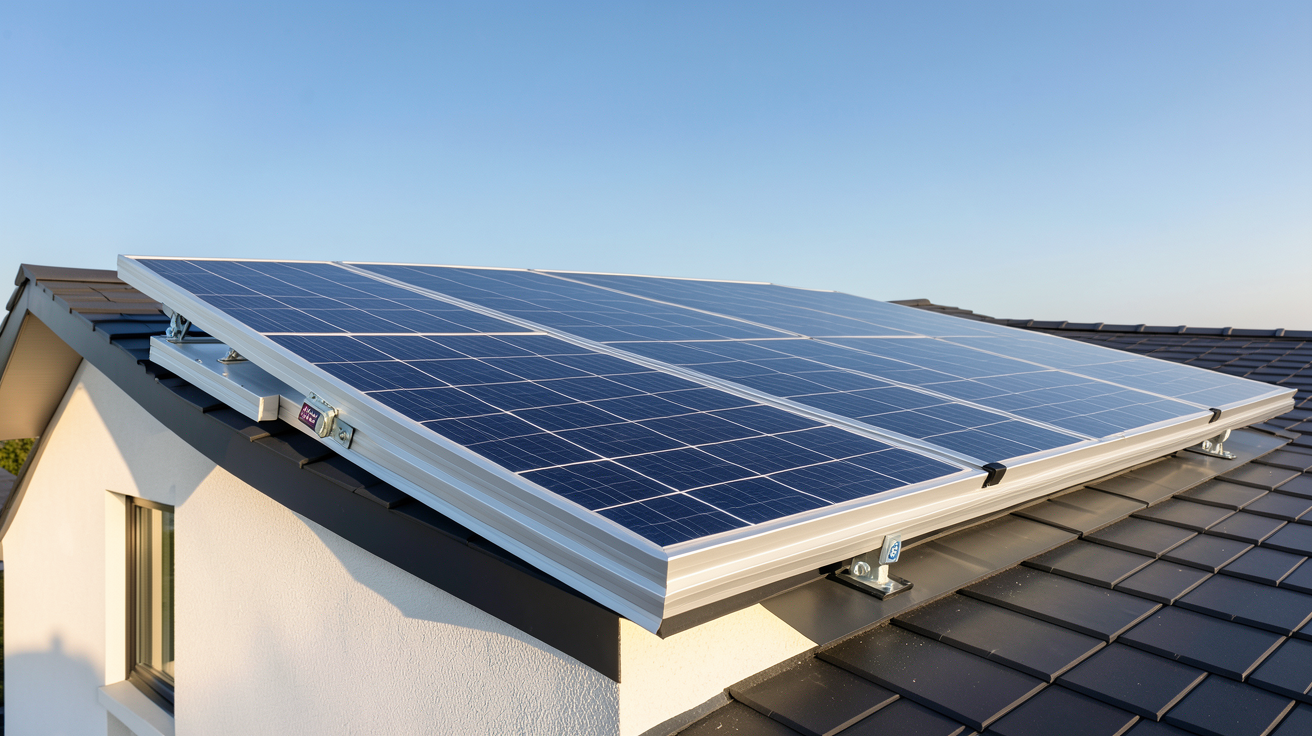 panneau solaire 400W 24V installé sur le toit d'une maison moderne avec ciel dégagé