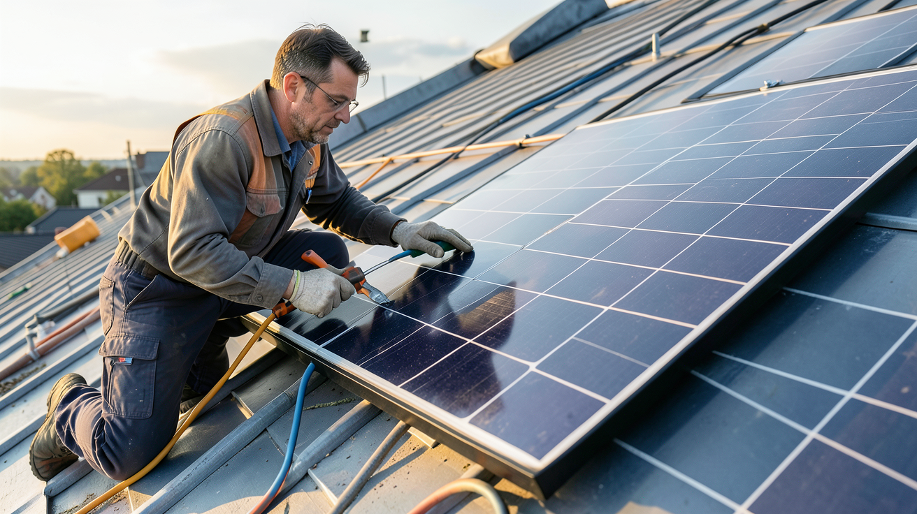 panneau solaire 400w Hyundai en cours d'installation sur un toit incliné avec un professionnel