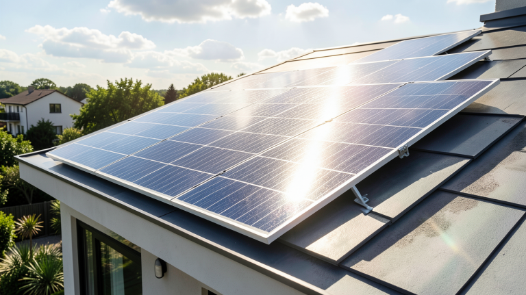 panneau solaire 400w installé sur le toit d'une habitation moderne sous un ciel bleu