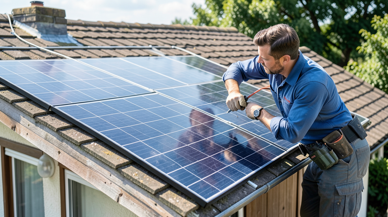 panneau solaire 400w mono vertex s trina solar installé sur le toit d'une maison avec un technicien en action