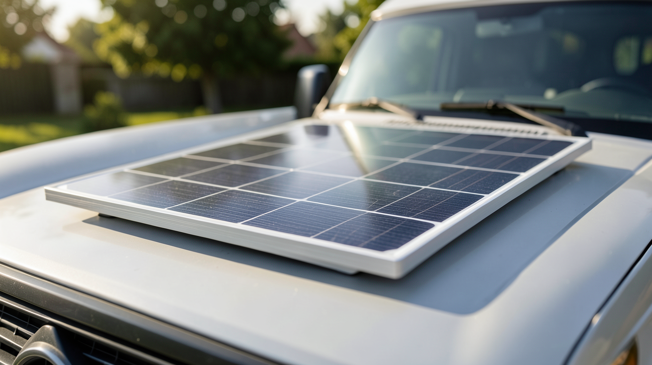 panneau solaire 400W installé sur le toit d'une fourgonnette avec une lumière naturelle du matin