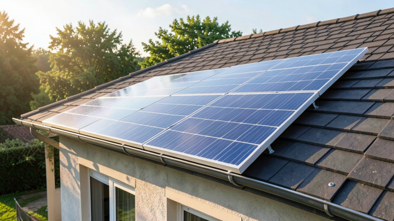 panneau solaire 400W installé sur le toit d'une maison avec vue sur le ciel dégagé