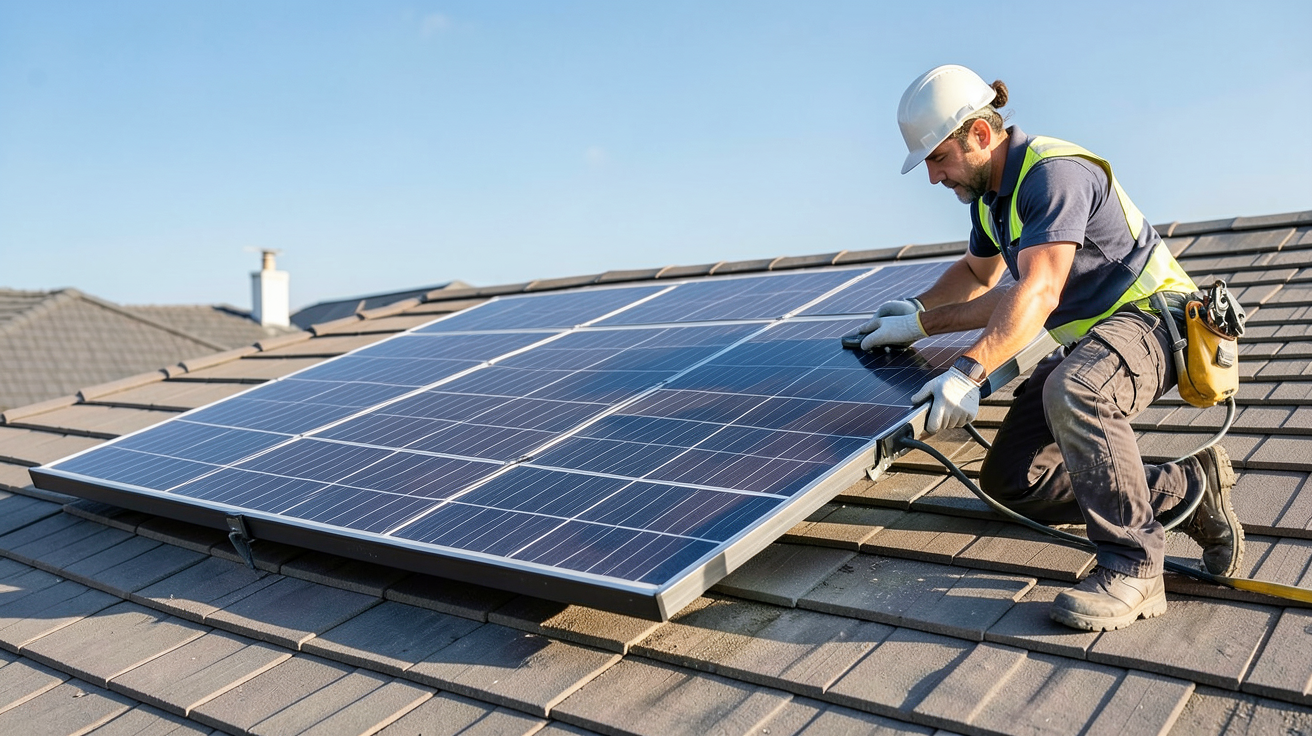 panneau solaire 400W shingled en cours d'installation sur un toit résidentiel