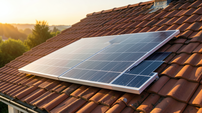 panneau solaire 400w shingled installé sur un toit en tuiles rouges d'une maison en été