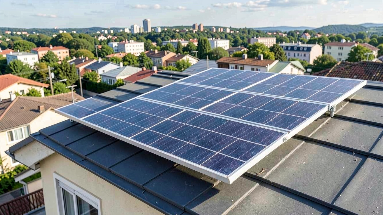 panneau solaire 400wc installé sur un toit avec des maisons voisines