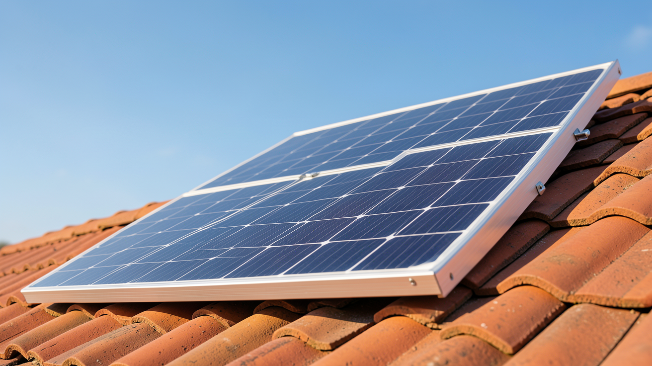 panneau solaire 405W monocristallin posé sur un toit en tuiles rouges avec ciel bleu clair