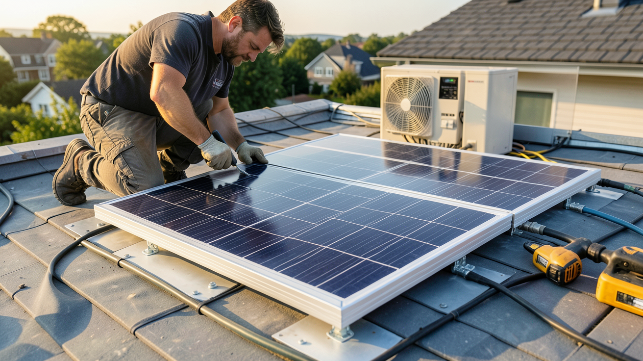 panneau solaire 405W en cours d'installation sur un toit résidentiel avec outils professionnels