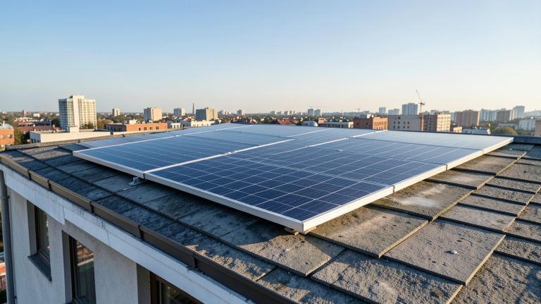 panneau solaire 405w installé sur le toit d'une maison en milieu urbain