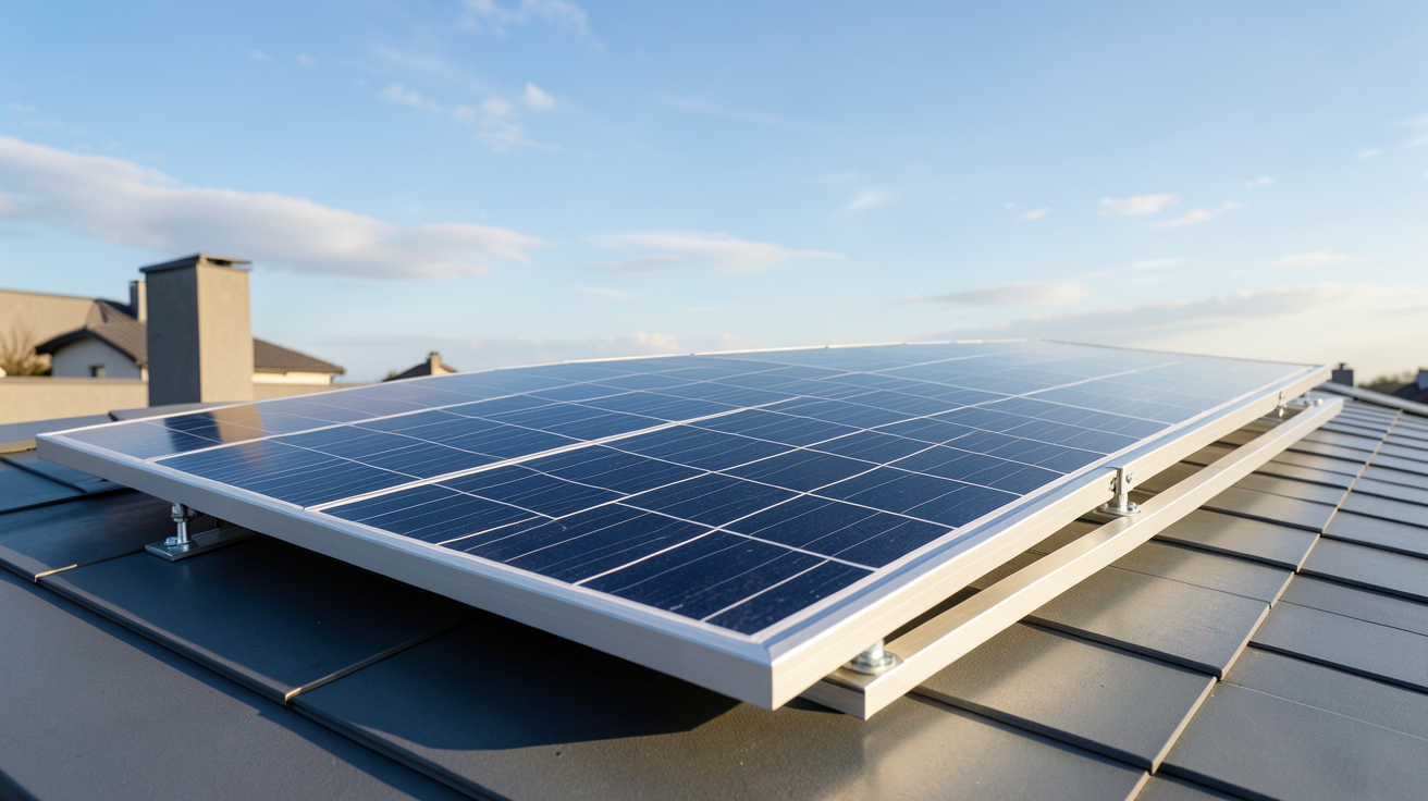panneau solaire 405W installé sur un toit résidentiel moderne, vue en gros plan des cellules photovoltaïques